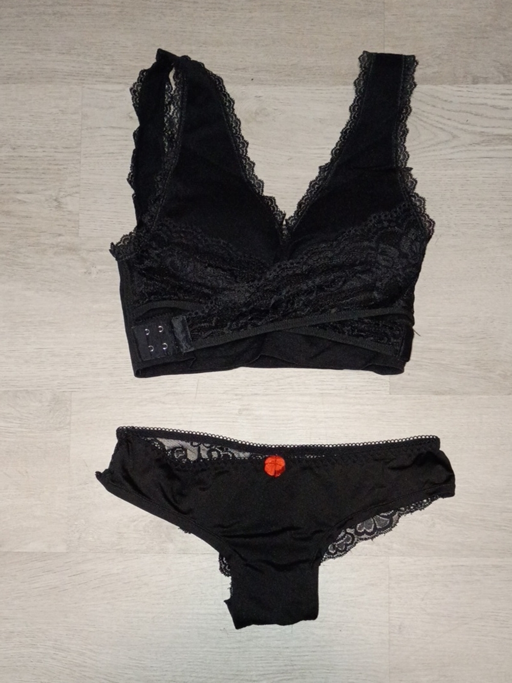 Black Lace Bralette & Bikini Set with Subtle Red Accent